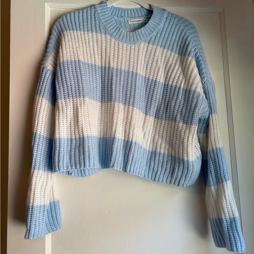 moon & madison Light Blue and White Stripe Crop Sweater